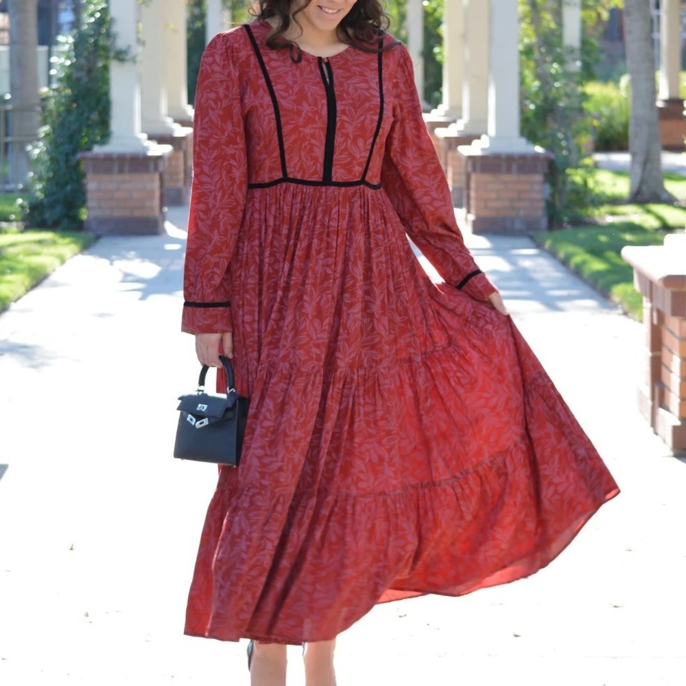DOWNEAST Eve Red Maxi Dress S Floral Velvet Trim Long Sleeve Western Prairie